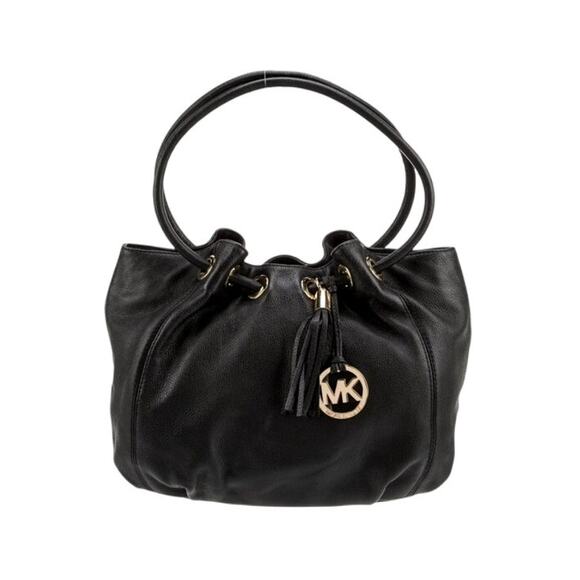 Michael Kors Black Gold-Tone Hardware Tasseled Leather Top Handle Bucket Bag - Picture 1 of 15